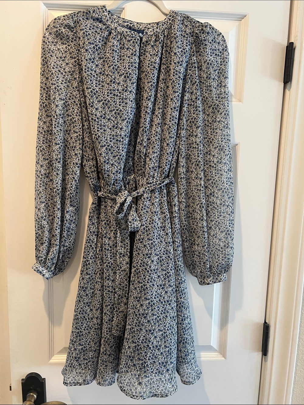 Banana Republic Factory Blue and White Floral Long-Sleeve Tie-Waist Mini Dress